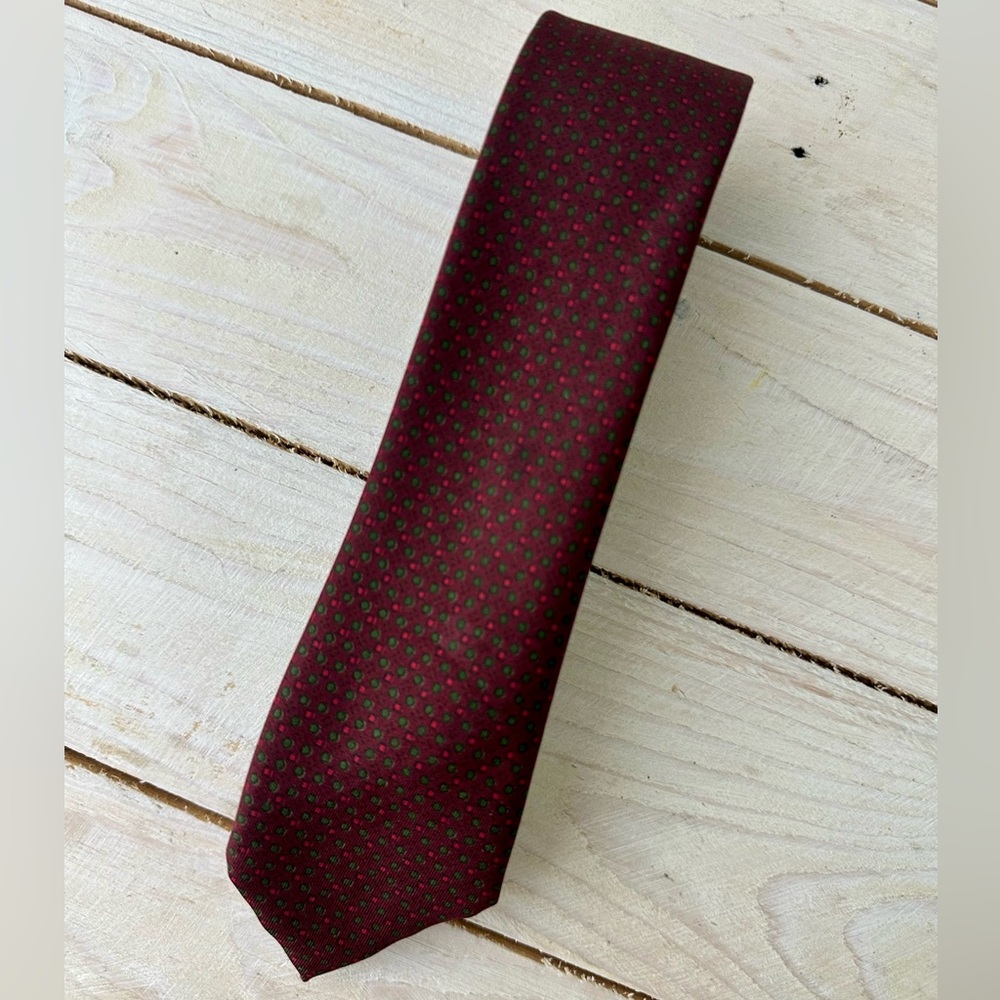 Vintage Christian Dior Cravates Maroon Mini Dots Silk Skinny Tie
